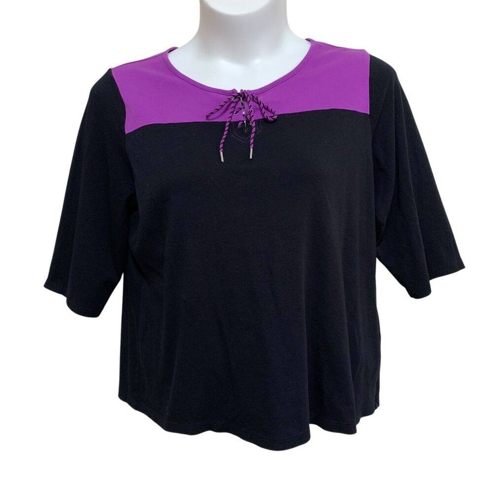 Studio Works Top Womens Size 2X LaceUp Neckline 3/4 Sleeve Purple Black Knit Tee
